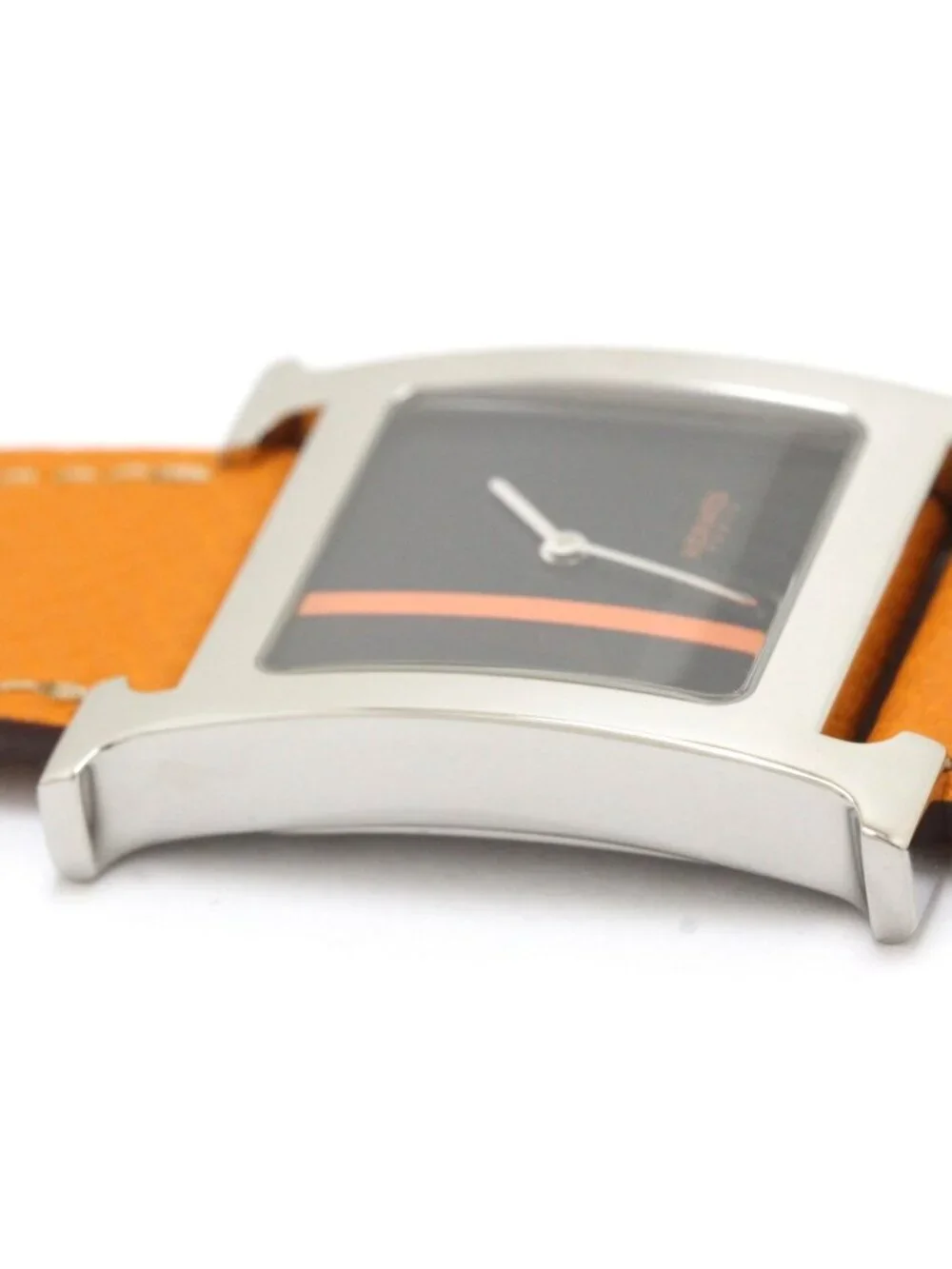 Hermes H Watch SS Stainless Steel Leather Strap Black Orange Line Dial Quartz